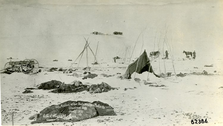 Photo of remains of Lakota Sioux people and horses lying dead in the snow.